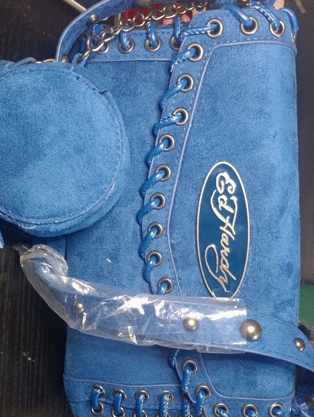 Ed Hardy Royal Blue Suede Lace-Up Shoulder Bag with Coin Pouch - Picture 1 of 7